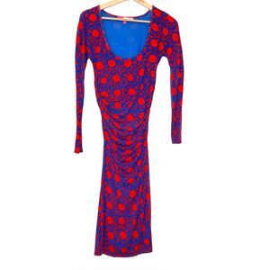 Tracy Reece Floral Fitted Ruched Dress Scoop Red Blue Stretchy Size Medium